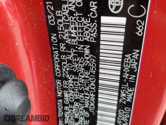 2021 Toyota Prius L Eco z VIN JTDKAMFU0M3145597, wystawiony jako Copart lot #57846175 z przebiegiem 93 882 mil mil oraz Szkoda całkowita • Salvage title. Historia ofert i sprzedaży dostępna na DreamBid. Obrazek 12.