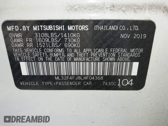 2020 Mitsubishi Mirage SE with VIN ML32F4FJ8LHF04368, listed as a IAAI auction lot 41695505 with 52,431 mi miles and . Bid and sale history available at DreamBid. Image 9.