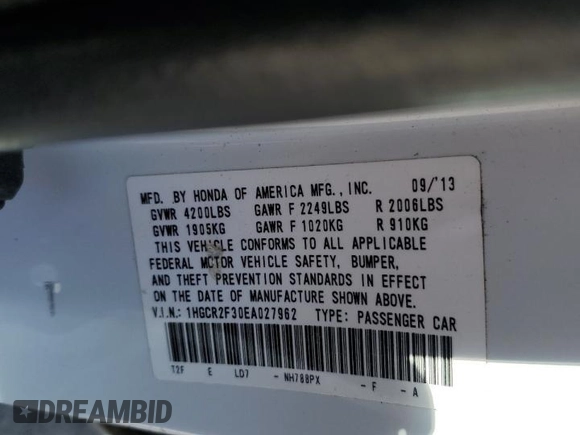 2014 Honda Accord LX with VIN 1HGCR2F30EA027962, listed as a Copart auction lot 49164325 with 201,075 mi miles and Salvage Title. Bid and sale history available at carsss.com. Image 14.