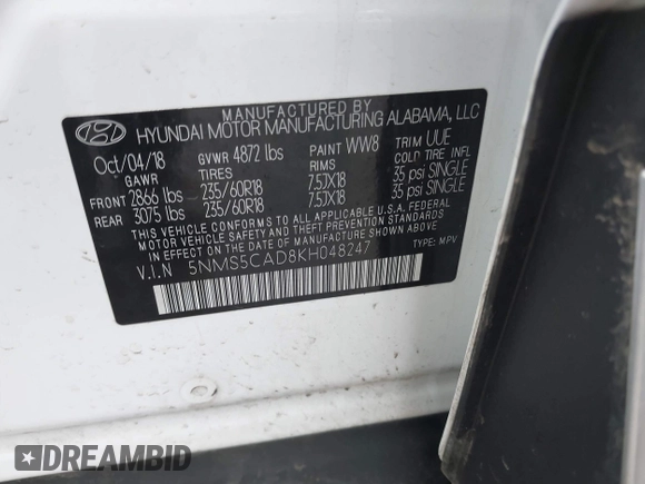 2019 Hyundai Santa Fe Limited with VIN 5NMS5CAD8KH048247, listed as a IAAI auction lot 41639121 with 66,627 mi miles. Bid and sale history available at carsss.com. Image 9.
