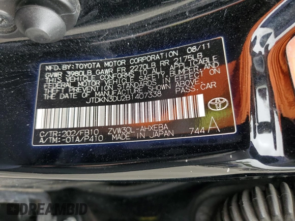 2011 Toyota Prius I with VIN JTDKN3DU2B1407338, listed as a Copart auction lot 55637245 with 227,054 mi miles and Salvage Title. Bid and sale history available at DreamBid. Image 12.