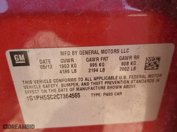 2012 Chevrolet Cruze LTZ with VIN 1G1PH5SC2C7364565, listed as a Copart auction lot 49767895 with 127,513 mi miles and Salvage Title. Bid and sale history available at carsss.com. Image 12.