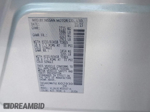 2016 Nissan Pathfinder S with VIN 5N1AR2MN7GC602930, listed as a IAAI auction lot 42447462 with 182,006 mi miles and . Bid and sale history available at DreamBid. Image 9.