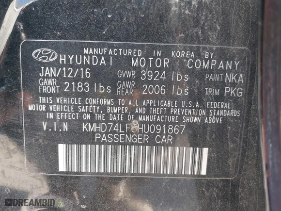 2017 Hyundai Elantra SE with VIN KMHD74LF5HU091867, listed as a IAAI auction lot 41979769 with 112,037 mi miles. Bid and sale history available at carsss.com. Image 9.
