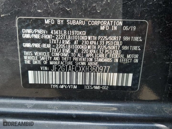 2019 Subaru Crosstrek Premium with VIN JF2GTAECXKH360977, listed as a Copart auction lot 54204985 with 41,257 mi miles and Salvage Title. Bid and sale history available at carsss.com. Image 13.