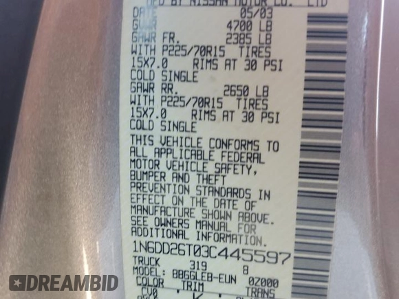 2003 Nissan Frontier XE with VIN 1N6DD26T03C445597, listed as a Copart auction lot 46808225 with 63,384 mi miles and Salvage title. Bid and sale history available at DreamBid. Image 14.