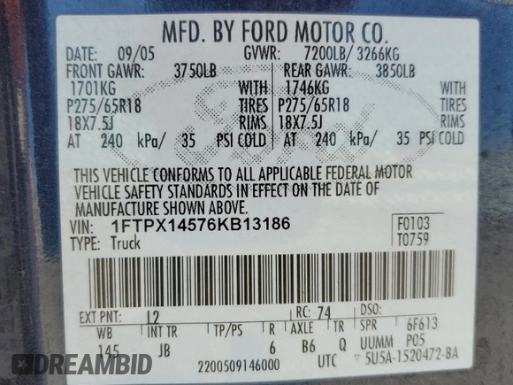 2006 Ford F-150 XLT z VIN 1FTPX14576KB13186, wystawiony jako Copart lot #59322715 z przebiegiem 173 321 mil mil oraz Szkoda całkowita • Salvage title. Historia ofert i sprzedaży dostępna na DreamBid. Obrazek 12.