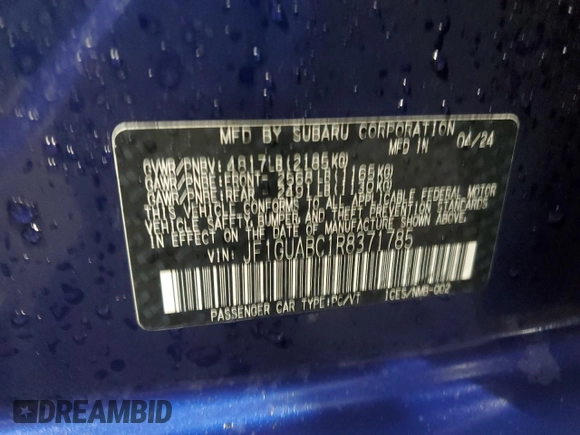2024 Subaru Impreza with VIN JF1GUABC1R8371785, listed as a Copart auction lot 41638575 with 3,201 mi miles and Salvage Title. Bid and sale history available at DreamBid. Image 13.