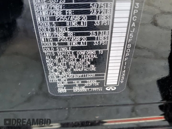 2023 Infiniti QX50 Sport with VIN 3PCAJ5FB0PF114339, listed as a Copart auction lot 57389284 with 11,462 mi miles and Salvage Title. Bid and sale history available at DreamBid. Image 14.