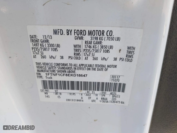 2014 Ford F-150 XL with VIN 1FTNF1CF8EKD18647, listed as a IAAI auction lot 41719409 with 246,241 mi miles. Bid and sale history available at carsss.com. Image 9.