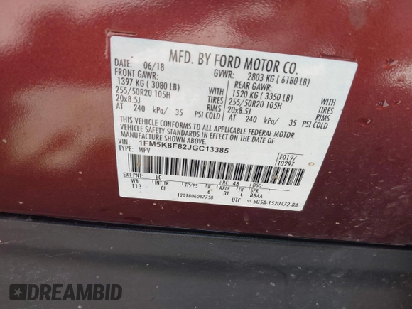 2018 Ford Explorer Limited with VIN 1FM5K8F82JGC13385, listed as a IAAI auction lot 42095711 with 82,165 mi miles and . Bid and sale history available at carsss.com. Image 9.