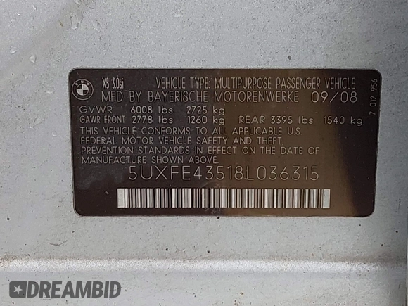 2008 BMW X5 3.0si z VIN 5UXFE43518L036315, wystawiony jako IAAI lot #42424578 z przebiegiem 130 744 mil mil oraz . Historia ofert i sprzedaży dostępna na DreamBid. Obrazek 9.