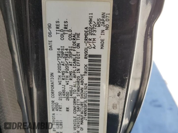 1990 Toyota Pickup DLX with VIN JT4RN93P3L5021924, listed as a Copart auction lot 64699075 with 287,298 mi miles and Clean title. Bid and sale history available at DreamBid. Image 12.