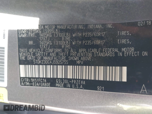 2018 Toyota Sienna LE Auto Access Seat with VIN 5TDKZ3DC4JS925755, listed as a IAAI auction lot 41887172 with 212,921 mi miles. Bid and sale history available at carsss.com. Image 9.