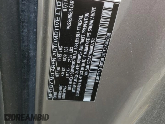 2017 McLaren 570S z VIN SBM13DAA7HW003763, wystawiony jako Copart lot #57582895 z przebiegiem 43 165 mil mil oraz Szkody całkowita. Historia ofert i sprzedaży dostępna na DreamBid. Obrazek 12.