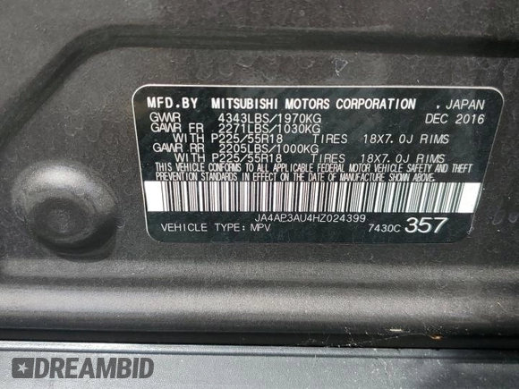 2017 Mitsubishi Outlander Sport ES 2.0 with VIN JA4AP3AU4HZ024399, listed as a Copart auction lot 54605345 with 63,375 mi miles and Salvage Title. Bid and sale history available at carsss.com. Image 14.