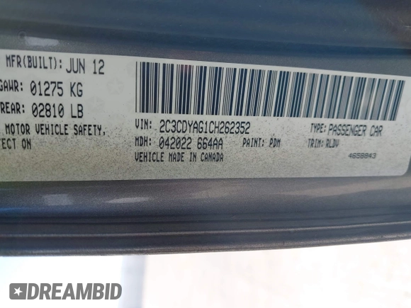 2012 Dodge Challenger SXT Plus with VIN 2C3CDYAG1CH262352, listed as a IAAI auction lot 41662002 with 141,868 mi miles. Bid and sale history available at carsss.com. Image 9.