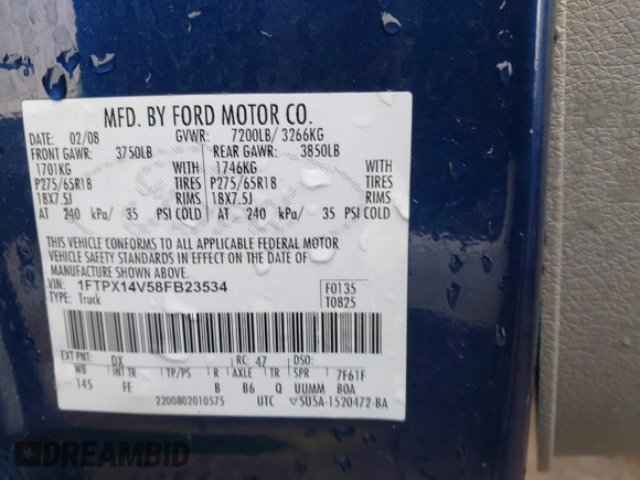 2008 Ford F-150 XLT with VIN 1FTPX14V58FB23534, listed as a IAAI auction lot 41696193 with 176,603 mi miles. Bid and sale history available at carsss.com. Image 9.
