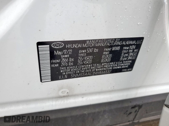 2022 Hyundai Santa Fe Calligraphy with VIN 5NMS54AL1NH466537, listed as a Copart auction lot 49398865 with 20,016 mi miles and Salvage Title. Bid and sale history available at carsss.com. Image 15.