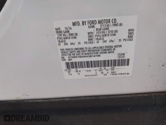 2017 Ford Explorer с VIN 1FM5K7BH5HGB14196, выставлен на аукционе IAAI как лот 42701054 с пробегом 111 094 миль миль и . История ставок и продаж доступна на DreamBid. Изображение 9.