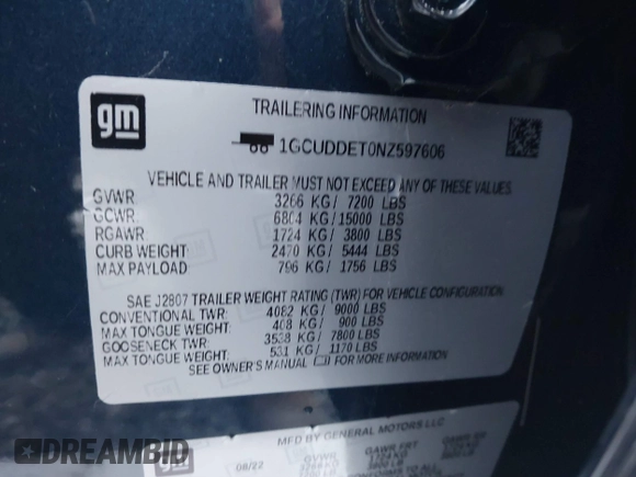 2022 Chevrolet Silverado 1500 LT with VIN 1GCUDDET0NZ597606, listed as a IAAI auction lot 40943441 with 32,673 mi miles and . Bid and sale history available at DreamBid. Image 9.