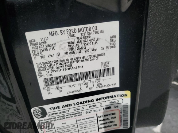 2013 Ford F-150 XL with VIN 1FTFW1CT9DFA58163, listed as a Copart auction lot 52602525 with 213,407 mi miles and Salvage Title. Bid and sale history available at carsss.com. Image 12.