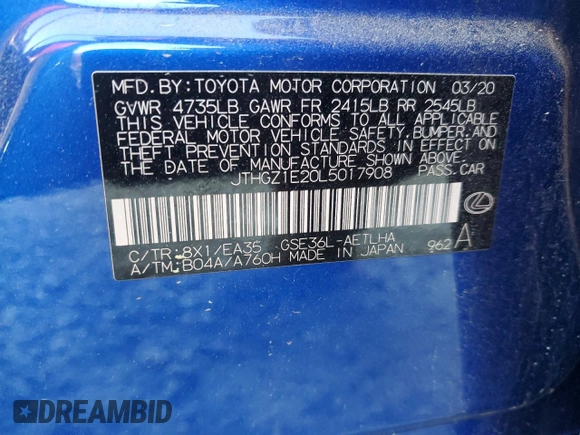 2020 Lexus IS 350 F Sport with VIN JTHGZ1E20L5017908, listed as a Copart auction lot 51281365 with 67,816 mi miles and Salvage title. Bid and sale history available at DreamBid. Image 14.