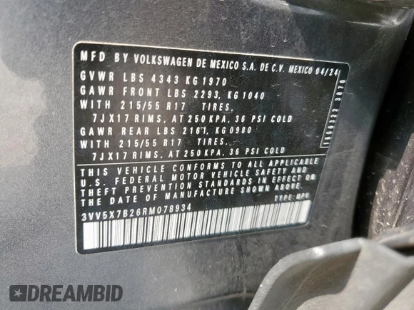 2024 Volkswagen Taos S с VIN 3VV5X7B26RM078934, выставлен на аукционе Copart как лот 58011015 с пробегом 12 234 миль миль и Списание • Salvage title. История ставок и продаж доступна на DreamBid. Изображение 13.