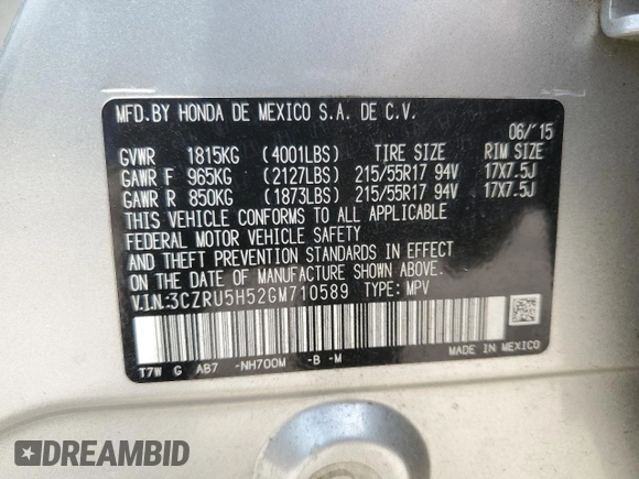 2016 Honda HR-V EX with VIN 3CZRU5H52GM710589, listed as a Copart auction lot 55251945 with 121,345 mi miles and Salvage Title. Bid and sale history available at DreamBid. Image 13.