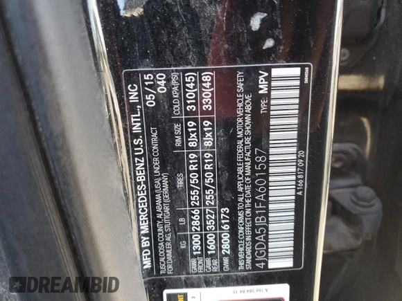 2015 Mercedes-Benz M ML 350 with VIN 4JGDA5JB1FA601587, listed as a Copart auction lot 46361785 with 140,942 mi miles and Salvage Title. Bid and sale history available at carsss.com. Image 13.