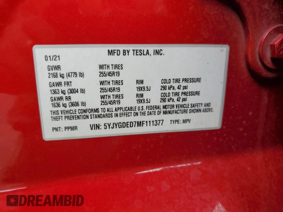 2021 Tesla Model Y Standard Range z VIN 5YJYGDED7MF111377, wystawiony jako Copart lot #45772075 z przebiegiem 34 331 mil mil oraz Szkoda całkowita • Salvage title. Historia ofert i sprzedaży dostępna na DreamBid. Obrazek 12.