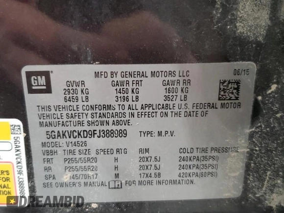 2015 Buick Enclave Premium with VIN 5GAKVCKD9FJ388989, listed as a Copart auction lot 42258895 with 124,483 mi miles and Salvage Title. Bid and sale history available at DreamBid. Image 13.