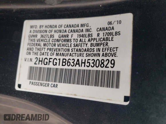 2010 Honda Civic Cpe LX with VIN 2HGFG1B63AH530829, listed as a Copart auction lot 53390954 with 100,357 mi miles and Salvage Title. Bid and sale history available at carsss.com. Image 13.