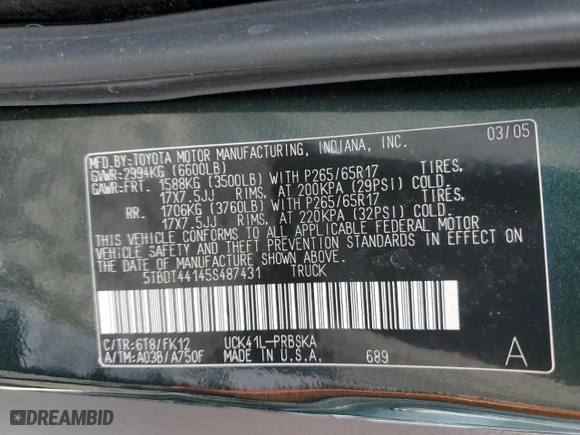 2005 Toyota Tundra SR5 with VIN 5TBDT44145S487431, listed as a Copart auction lot 44327705 with 77,446 mi miles and Salvage Title. Bid and sale history available at carsss.com. Image 13.