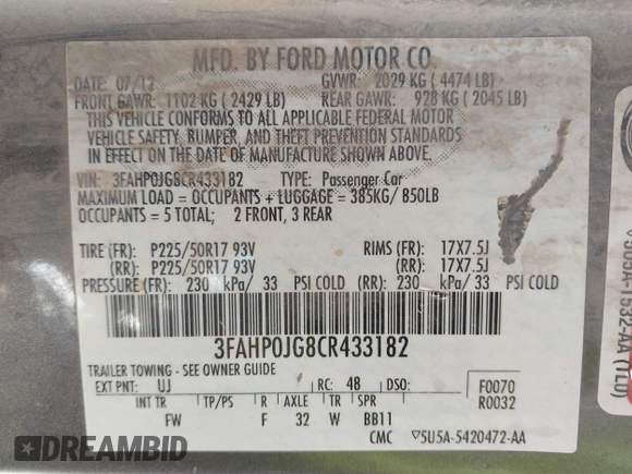 2012 Ford Fusion SEL with VIN 3FAHP0JG8CR433182, listed as a IAAI auction lot 41915432 with 162,059 mi miles. Bid and sale history available at carsss.com. Image 9.