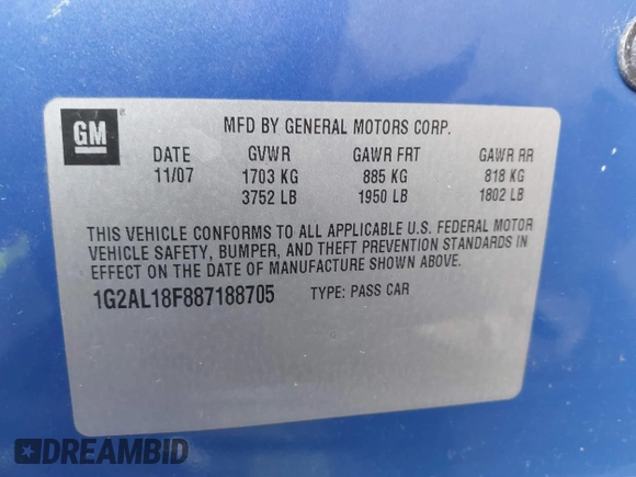 2008 Pontiac G5 with VIN 1G2AL18F887188705, listed as a IAAI auction lot 40978694 with 148,438 mi miles. Bid and sale history available at carsss.com. Image 9.
