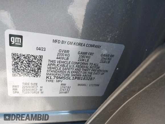 2023 Chevrolet TrailBlazer ACTIV with VIN KL79MSSL1PB183287, listed as a IAAI auction lot 41075520 with 20,063 mi miles and . Bid and sale history available at DreamBid. Image 9.
