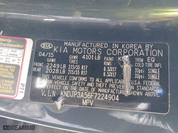 2015 Kia Soul + with VIN KNDJP3A56F7224904, listed as a IAAI auction lot 41844194 with NaN miles. Bid and sale history available at carsss.com. Image 9.