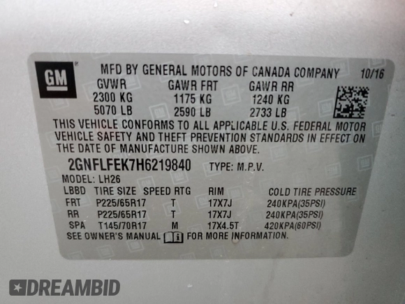 2017 Chevrolet Equinox LT with VIN 2GNFLFEK7H6219840, listed as a Copart auction lot 51072465 with 107,868 mi miles and Non Repairable. Bid and sale history available at carsss.com. Image 14.