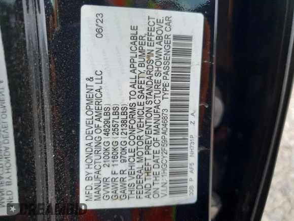 2023 Honda Accord Sport with VIN 1HGCY2F59PA046873, listed as a Copart auction lot 55757255 with 22,315 mi miles and Salvage title. Bid and sale history available at DreamBid. Image 12.