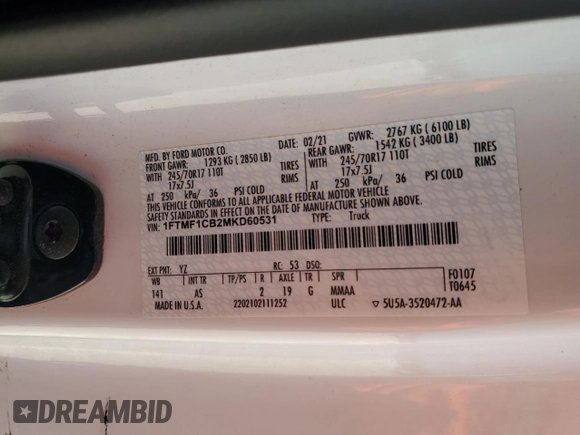 2021 Ford F-150 XL with VIN 1FTMF1CB2MKD60531, listed as a Copart auction lot 61488015 with 97,908 mi miles and Salvage title. Bid and sale history available at DreamBid. Image 12.