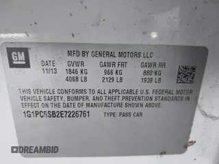 2014 Chevrolet Cruze 1LT with VIN 1G1PC5SB2E7226761, listed as a IAAI auction lot 42029133 with 153,738 mi miles and . Bid and sale history available at DreamBid. Image 9.