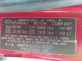2005 Hyundai Elantra GLS z VIN KMHDN56D95U140327, wystawiony jako IAAI lot #42349707 z przebiegiem 145 621 mil mil oraz . Historia ofert i sprzedaży dostępna na DreamBid. Obrazek 9.