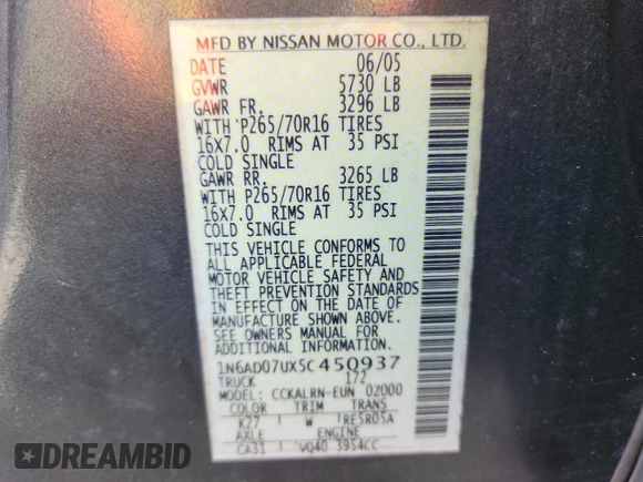 2005 Nissan Frontier LE with VIN 1N6AD07UX5C450937, listed as a Copart auction lot 64102725 with 210,701 mi miles and Clean title. Bid and sale history available at DreamBid. Image 12.