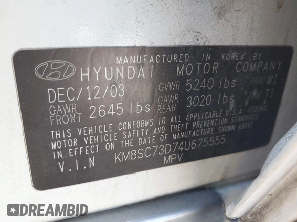 2004 Hyundai Santa Fe GLS with VIN KM8SC73D74U675555, listed as a IAAI auction lot 42021978 with 198,778 mi miles. Bid and sale history available at carsss.com. Image 9.