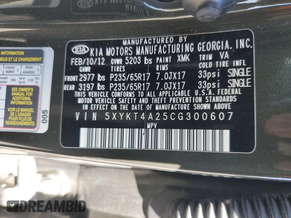 2012 Kia Sorento LX with VIN 5XYKT4A25CG300607, listed as a Copart auction lot 54939775 with 183,995 mi miles and Salvage Title. Bid and sale history available at carsss.com. Image 13.