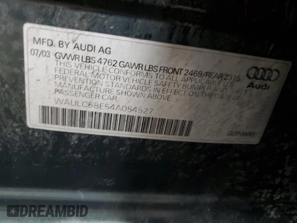 2004 Audi A4 1.8T z VIN WAULC68E54A054527, wystawiony jako Copart lot #56328665 z przebiegiem 141 708 mil mil oraz Szkoda całkowita • Salvage title. Historia ofert i sprzedaży dostępna na DreamBid. Obrazek 12.