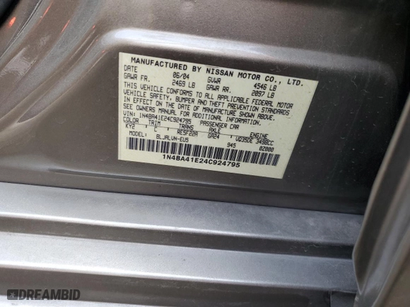 2004 Nissan Maxima SE with VIN 1N4BA41E24C924795, listed as a Copart auction lot 43035295 with NaN miles and Non Repairable. Bid and sale history available at carsss.com. Image 12.