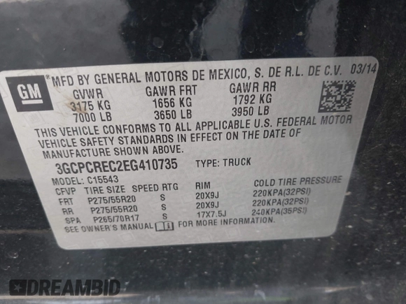 2014 Chevrolet Silverado 1500 LT with VIN 3GCPCREC2EG410735, listed as a IAAI auction lot 41879620 with 147,446 mi miles and . Bid and sale history available at DreamBid. Image 9.