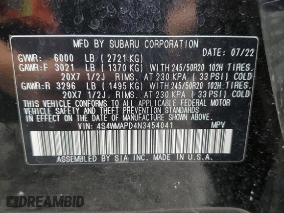 2022 Subaru Ascent Limited with VIN 4S4WMAPD4N3454041, listed as a Copart auction lot 60693025 with 20,564 mi miles and Salvage title. Bid and sale history available at DreamBid. Image 14.